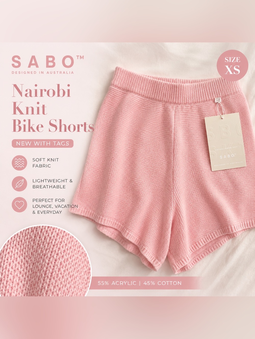 SABO Pink Knit Nairobi Bike Shorts XS NWT Cozy Lounge Shorts Soft Cotton Blend